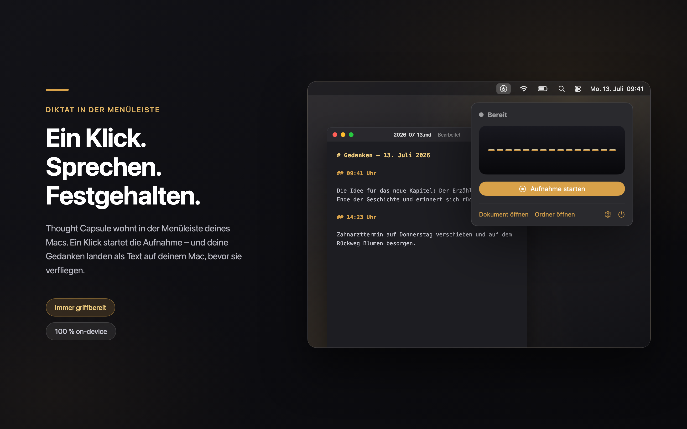 Das Menüleisten-Menü von Thought Capsule mit Aufnahmeknopf und Sprachauswahl
