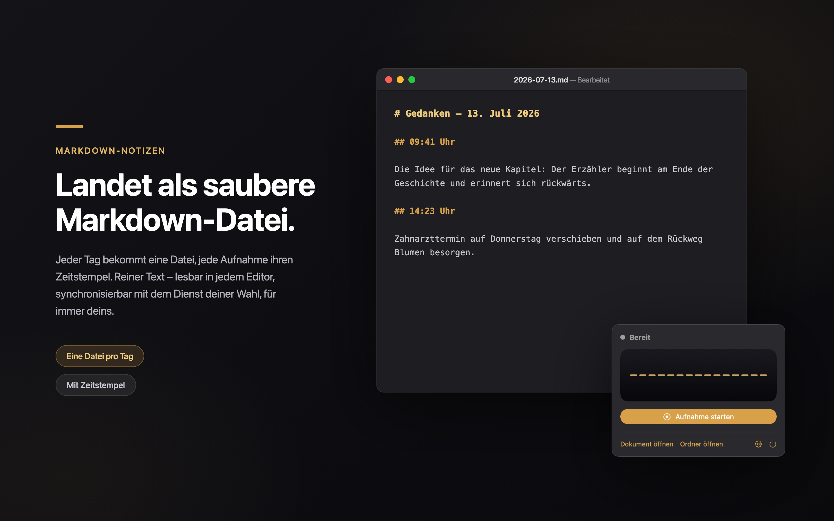 Die erzeugte Markdown-Datei des Tages, geöffnet in einem Editor