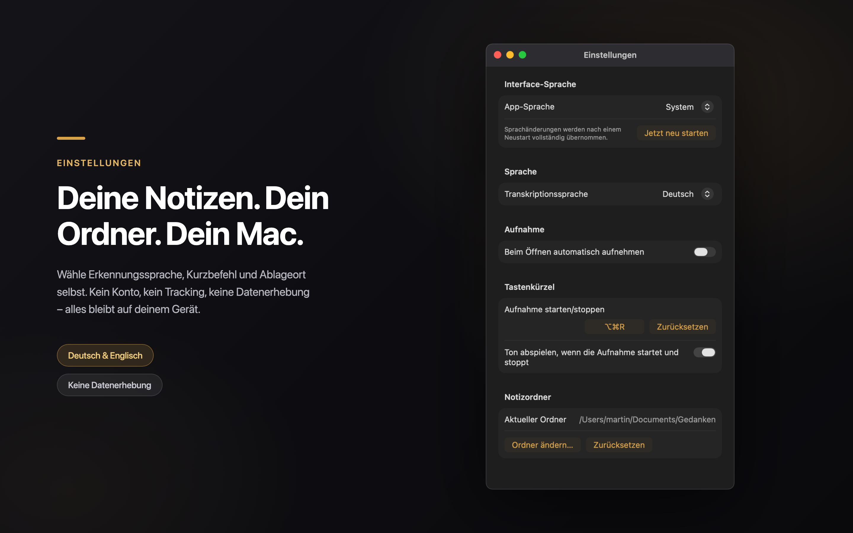 Einstellungen mit frei wählbarem Notizordner