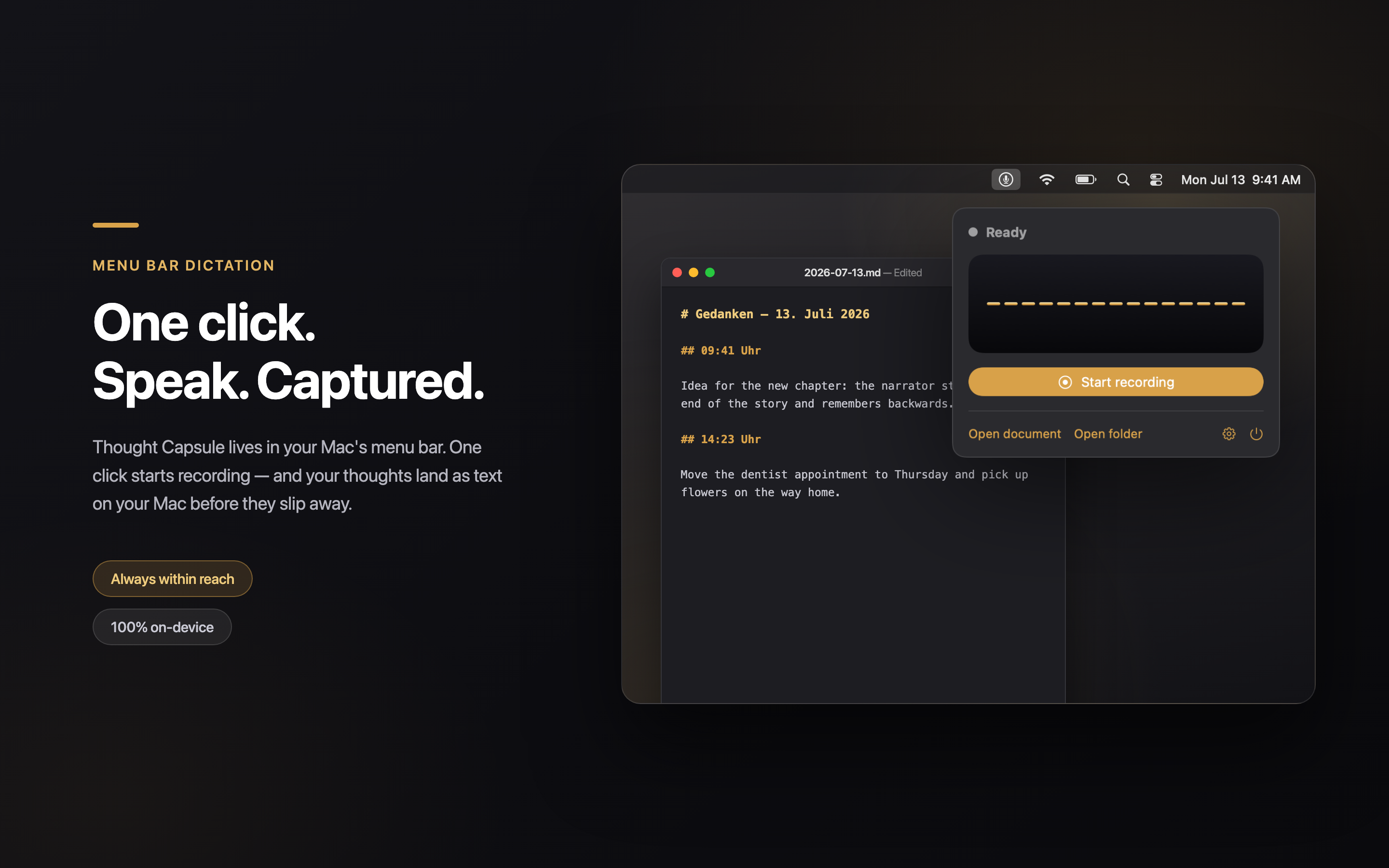 The Thought Capsule menu bar menu with record control and language picker