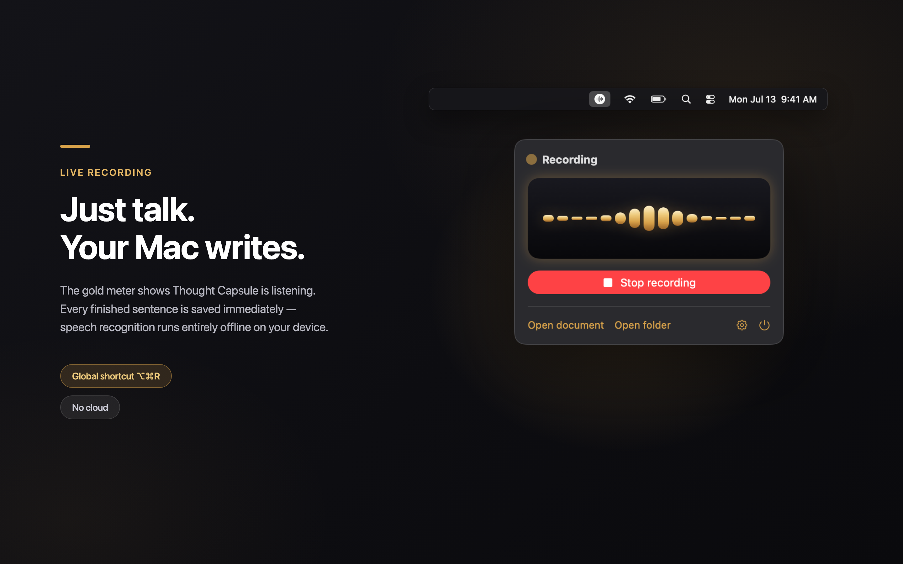 Recording in progress with a live preview of the recognized text