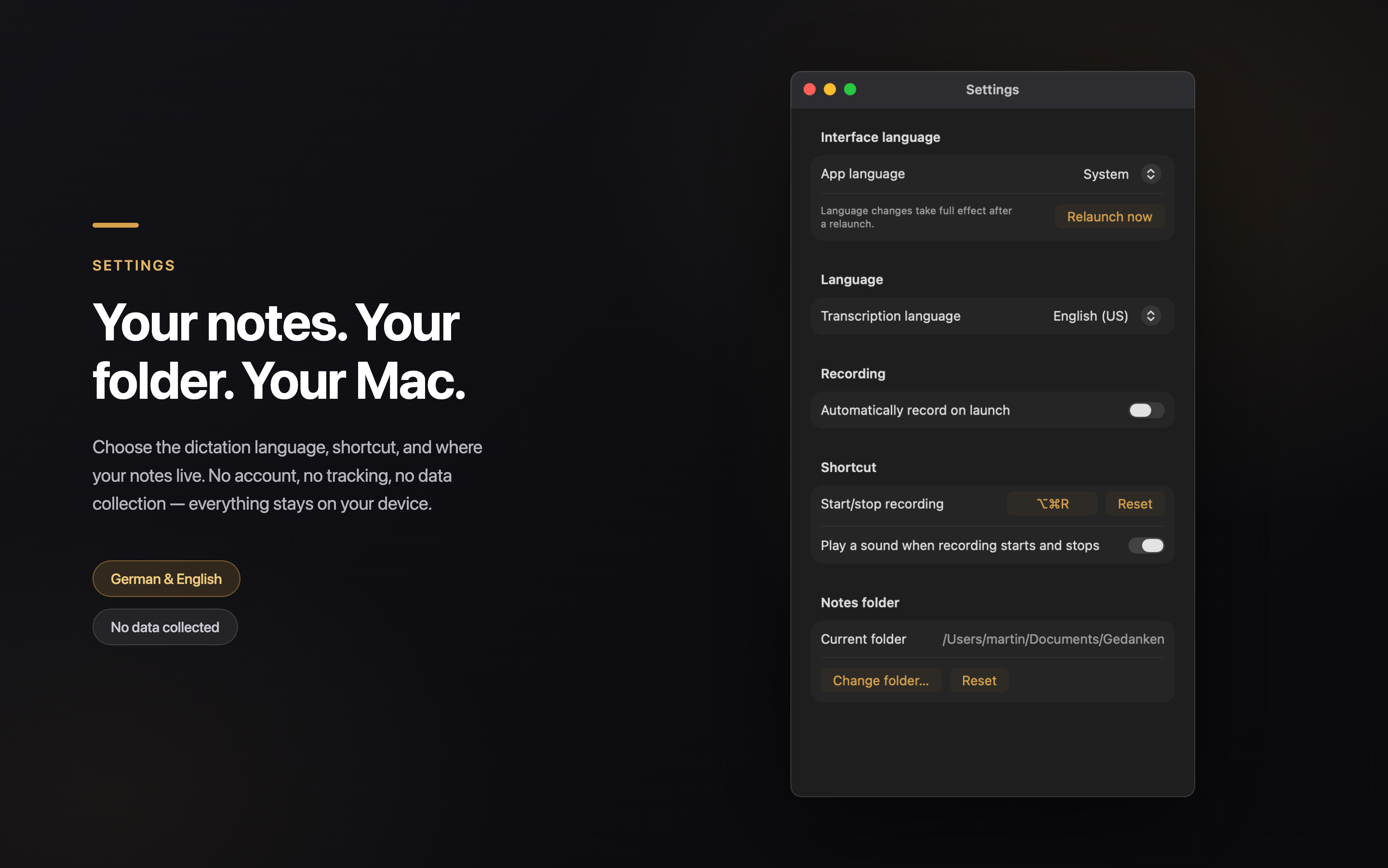 Settings with a user-chosen notes folder